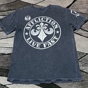 AFFLICTION LIVE FAST RAW-EDGE BLACK LAVA WASH TEE-SHIRT